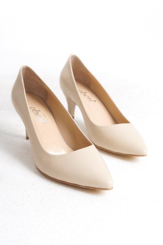 Hakiki Deri Bej Kadın Stiletto | OBEN AYAKKABI