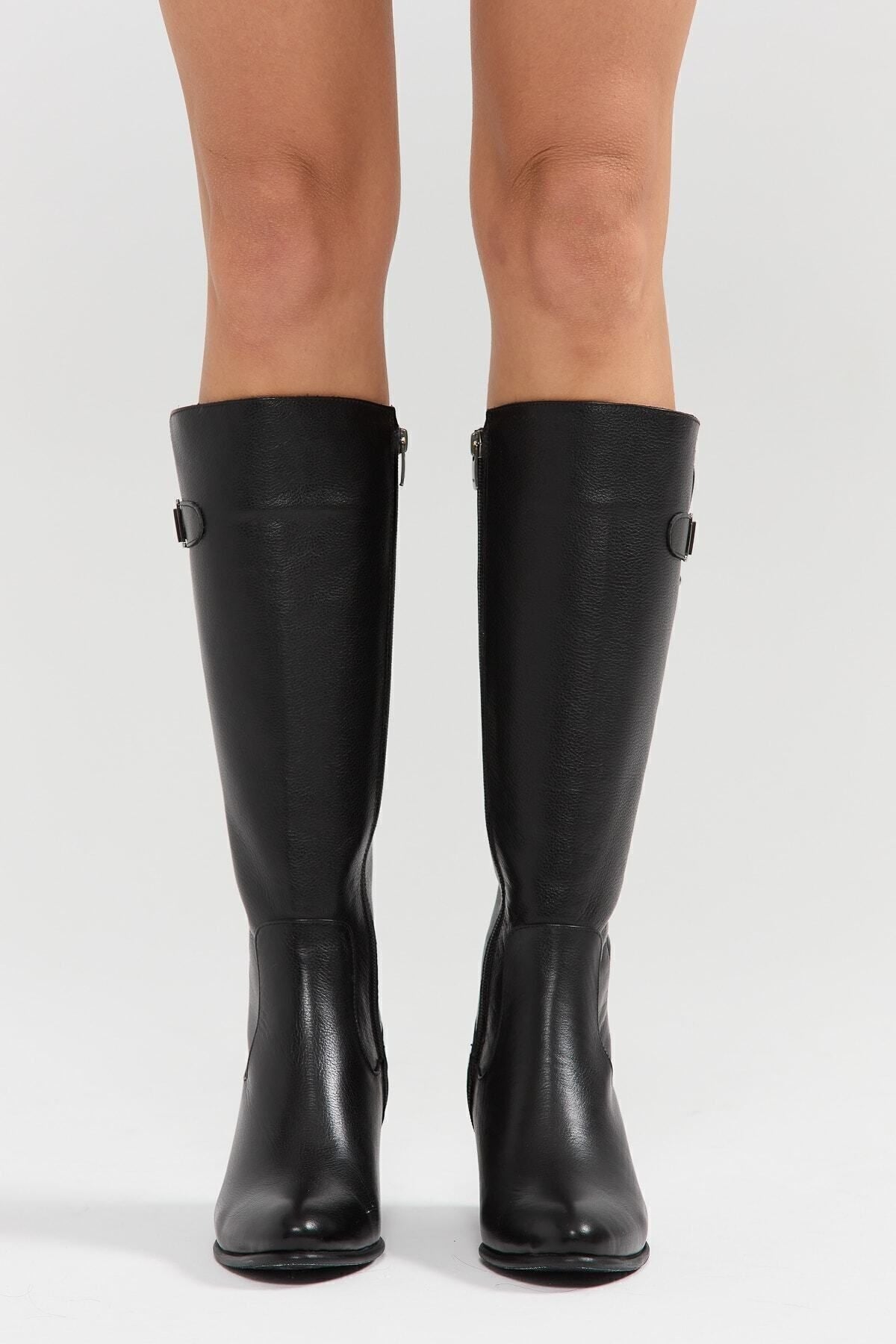 Kadın Hakiki Deri Topuklu, El Yapımı, Fermuarlı, Şık Tasarım Siyah Çizme | OBEN AYAKKABI