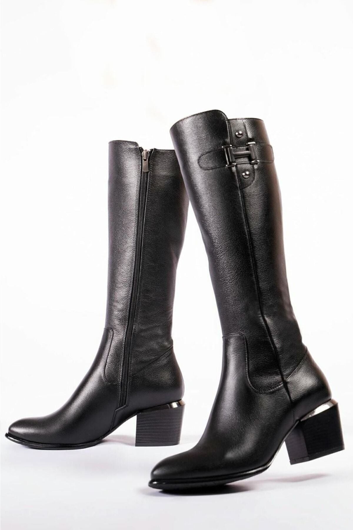 Kadın Hakiki Deri Topuklu, El Yapımı, Fermuarlı, Şık Tasarım Siyah Çizme | OBEN AYAKKABI