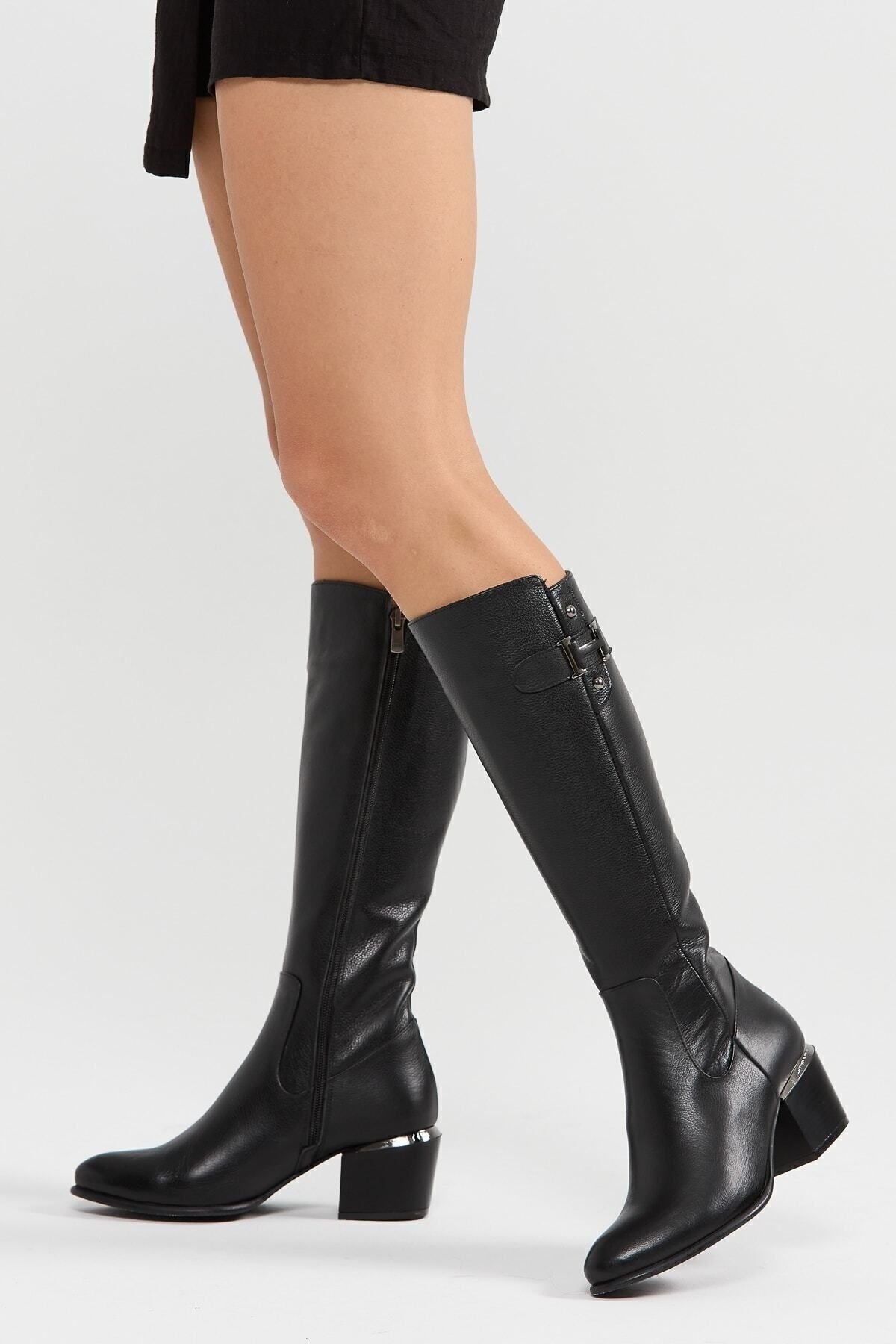 Kadın Hakiki Deri Topuklu, El Yapımı, Fermuarlı, Şık Tasarım Siyah Çizme | OBEN AYAKKABI