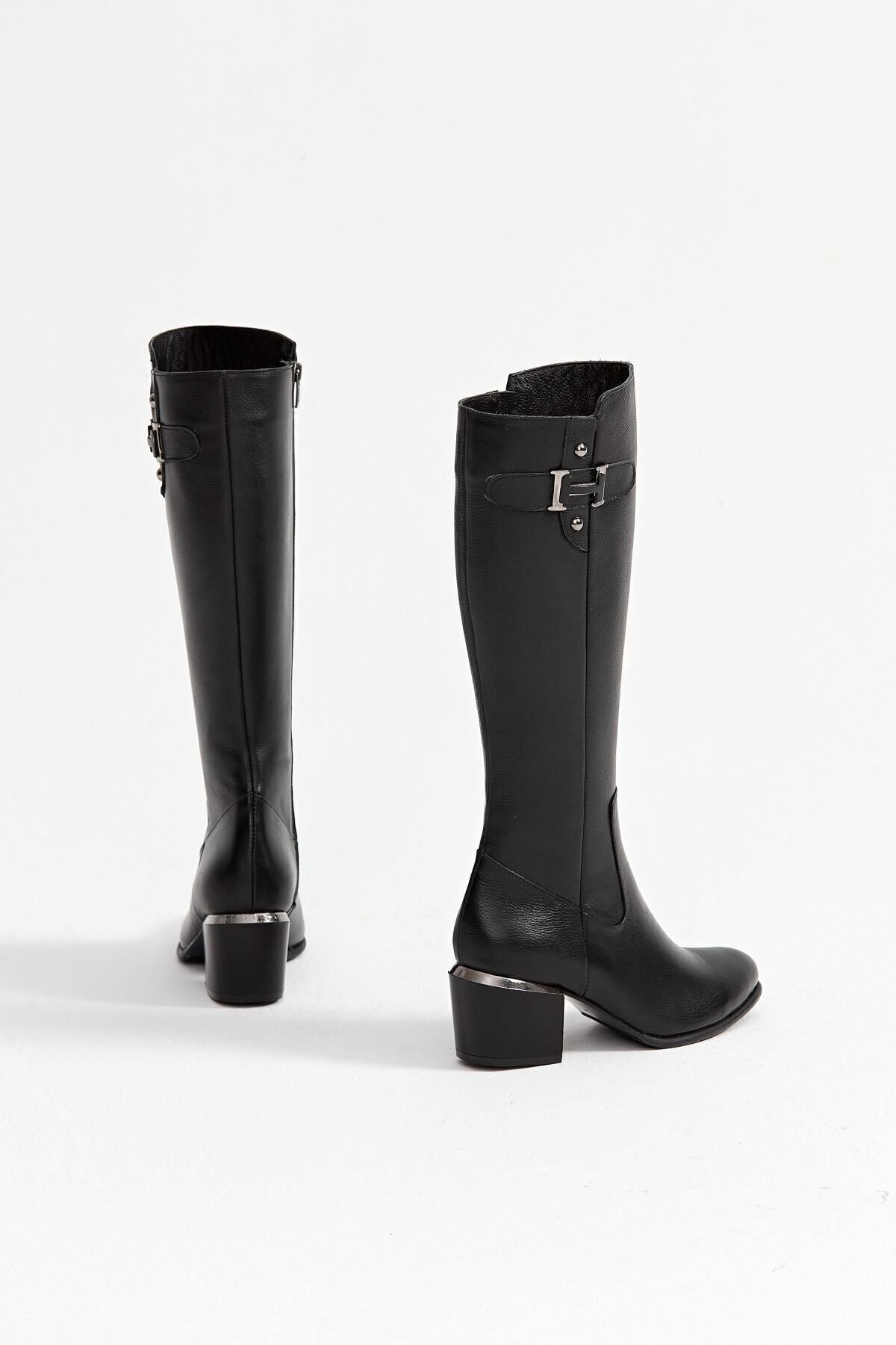 Kadın Hakiki Deri Topuklu, El Yapımı, Fermuarlı, Şık Tasarım Siyah Çizme | OBEN AYAKKABI